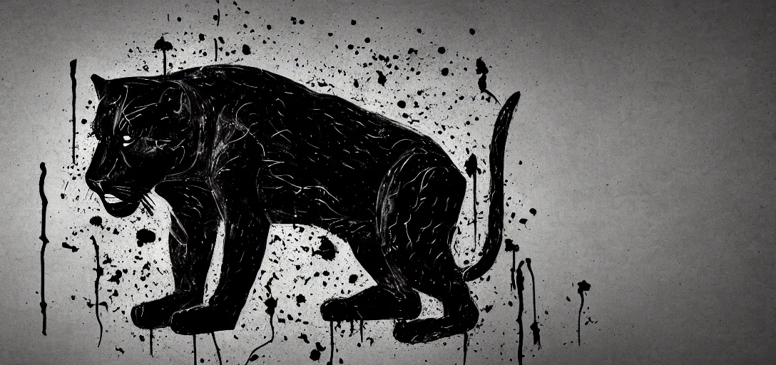 Prompt: a panther, made of tar, in a suburban backyard, sticky, full of tar, covered with tar, dripping tar, dripping tar, splattered tar, sticky tar. concept art, reflections, black goo, animal drawing, desktop background