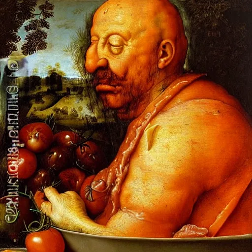 Prompt: a chef sitting in a bathtub full of tomato sauce, dinner is served, by giuseppe arcimboldo and ambrosius benson, renaissance, fruit, intricate and intense oil paint, realistic