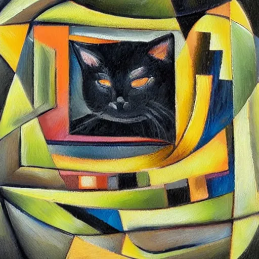 Prompt: aan abstract oil painting of a black cat sleeping in the style of gehry and gaudi