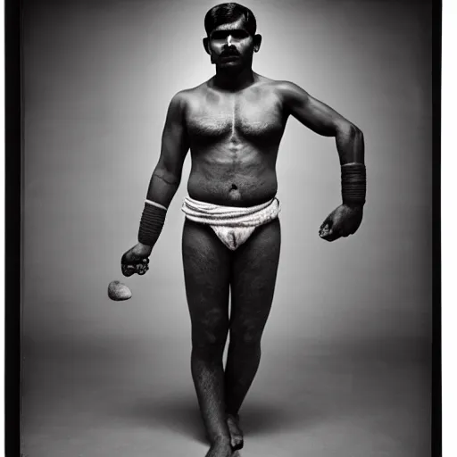 Prompt: color photo, portrait of indian kushti wrestler by richard avedon, realistic, Leica, medium format, cinematic lighting, parallax, high resolution,