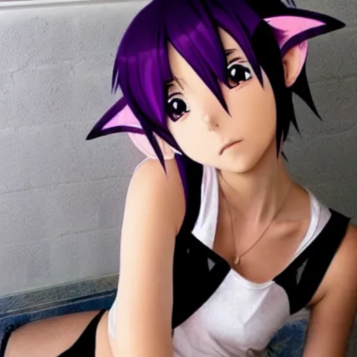 Image similar to anime girl with short purple hair and cat ears and a black tank top, aesthetic