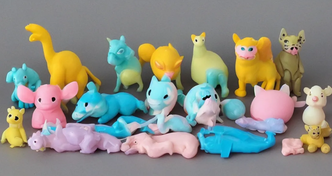 Image similar to some cute plastic toys that look like animal characters, pastel colors