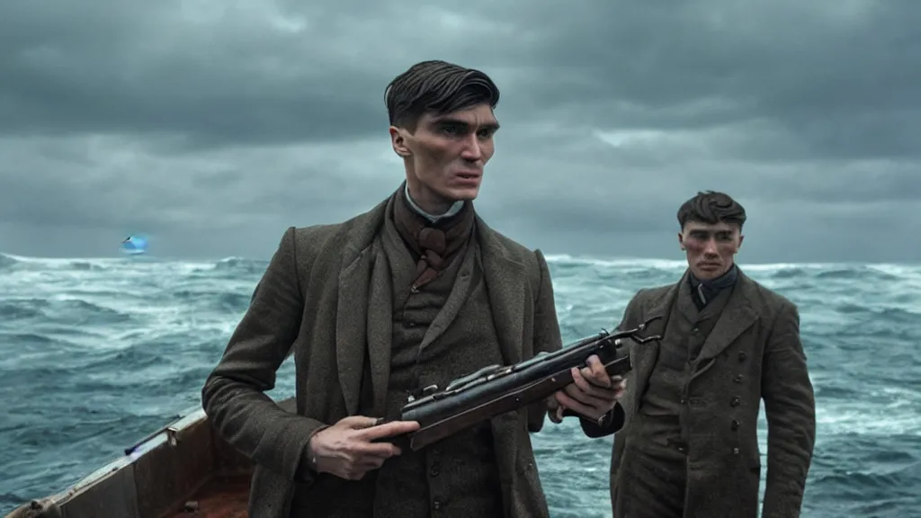 Prompt: photo of Thomas Shelby holding a Thompson, coming out of the ocean, extreme detailed face, spaceship far on the background, film still from the movie directed by Denis Villeneuve with art direction by Zdzisław Beksiński, wide lens