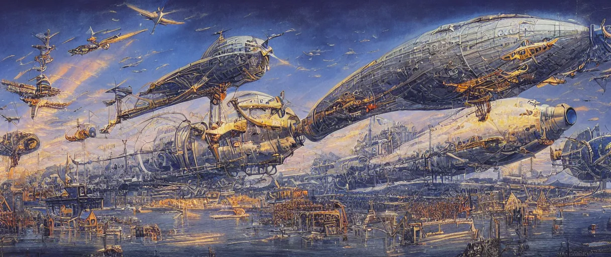 Prompt: a beautiful and detailed illustration of an airship port in a clockpunk world by Robert McCall, cinematic atmosphere, establishing shot