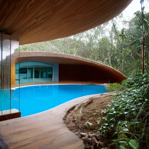 Prompt: curvilinear eco house interior with a small swimming pool. View on outside jurrasic forest