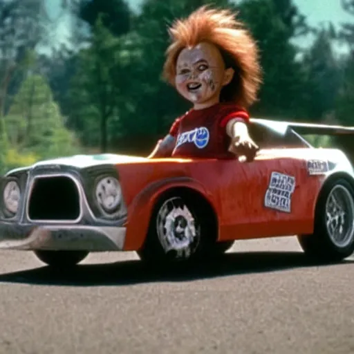 Prompt: chucky driving a race car, movie still