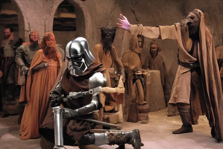 Prompt: the cantina scene from the medieval morality play star wars