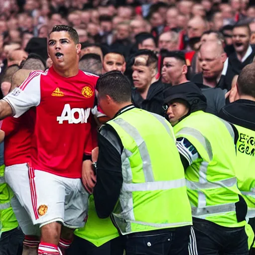 Image similar to highly detailed rending of ronaldo being dragged out old trafford by man united by rioting fans after they get relegated from the premier league, highly detailed face, 8 k, accidentally renascence