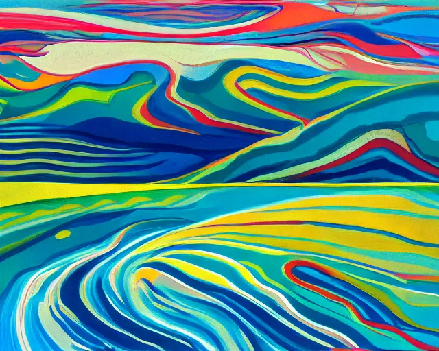 Image similar to A wild, insane, modernist landscape painting. Wild energy patterns rippling in all directions. Curves, organic, zig-zags. Saturated color. Mountains. Clouds. Rushing water. Wayne Thiebaud. Lisa Yuskavage landscape.