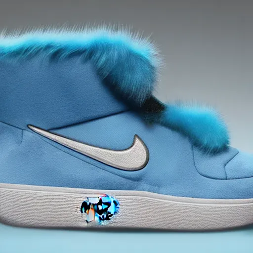 Image similar to poster nike shoe made of very fluffy blue faux fur placed on reflective surface, professional advertising, overhead lighting, heavy detail, realistic by nate vanhook, mark miner