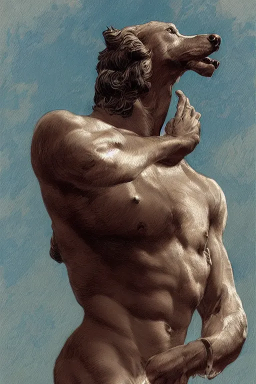Prompt: Dog as a Greek god, detailed face, greek statue, gorgeous, amazing, muscular, fit, very muscular male body, brilliance, delicate and intricate borders for decoration, intricate, highly detailed, digital painting, artstation, concept art, sharp focus, illustration, art by greg rutkowski beeple , loish and alphonse mucha