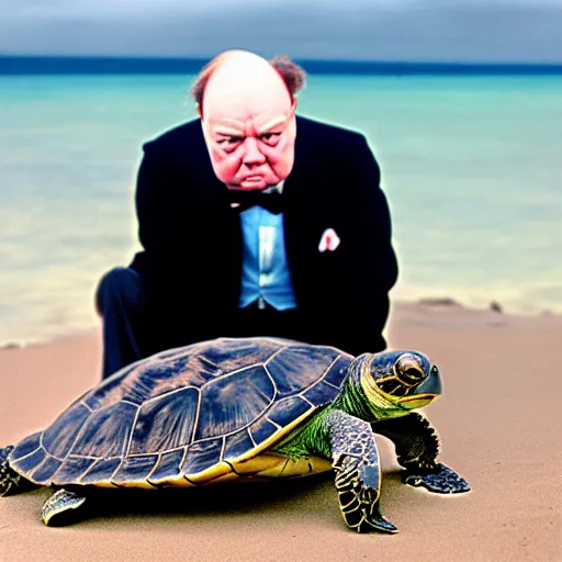 Prompt: An astonished aghast Winston Churchill discovers the first turtle ever in Galapagos, national geographic, BBC, XF IQ4, f/1.4, ISO 200, 1/160s, 8K, RAW, unedited
