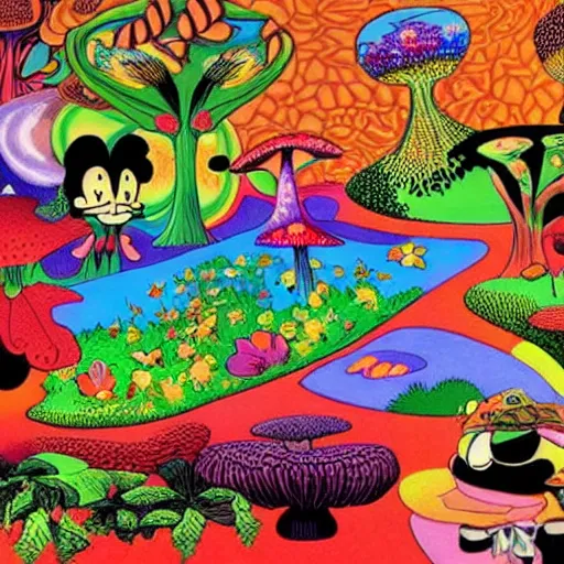 Prompt: psychedelic couch in the lush forest, planets, flowers, mushrooms milky way, sofa, cartoon by carl barks and eric carle