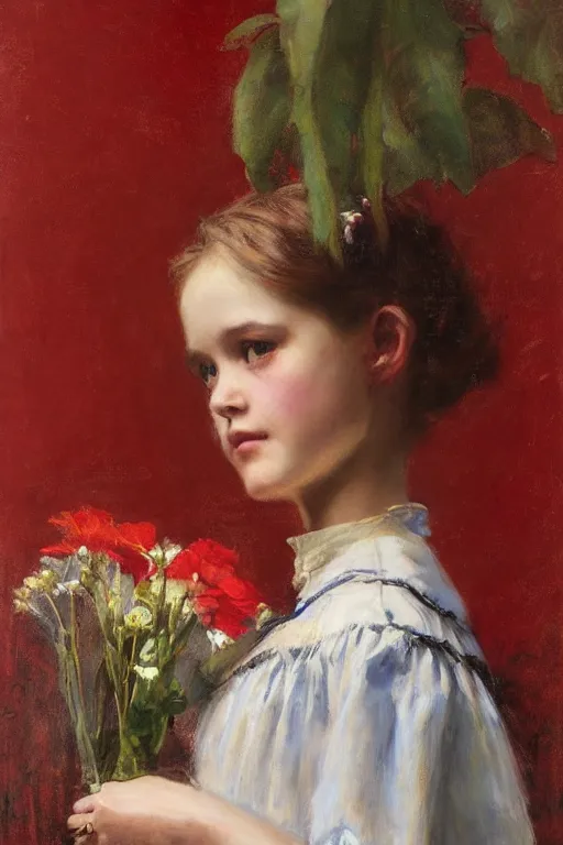 Prompt: Solomon Joseph Solomon and Richard Schmid and Jeremy Lipking victorian genre painting full length portrait painting of a young girl holding a bouquet, red background