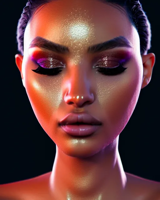 Image similar to beautiful female, arabic, haze, model, brown skin, intricate, filter, symmetrical face, makeup, sephora, maybelline, studio, reflections, cinematic, filmic, vsco, concept art, artstation, elegant, model, gorgeous, vray, flim, octane render, ambient occlusion, prism details