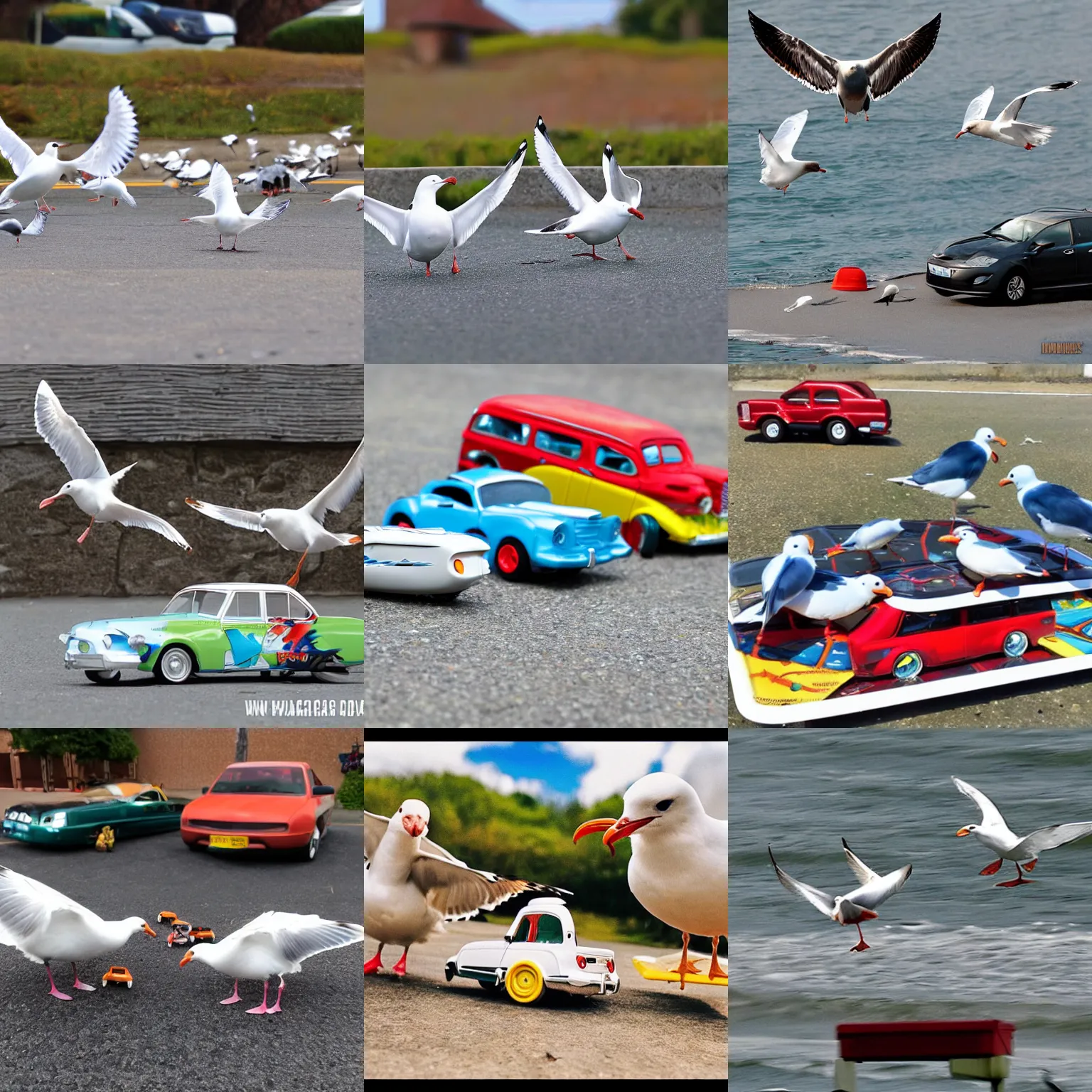 seagulls fighting over a hotwheels car Stable Diffusion
