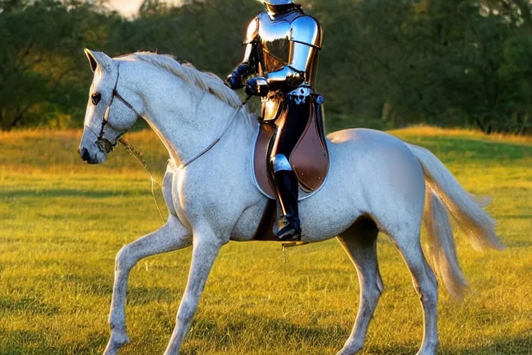 Image similar to knight horse, chrome, reflect, ultra realistic!!!, clear weather, golden hour, sharp focus