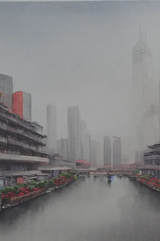 Image similar to A watercolor depicting an empty Shanghai Xujiahui, gloomy weather, high contrast, smooth, by Joseph Zbikowicz, 8k