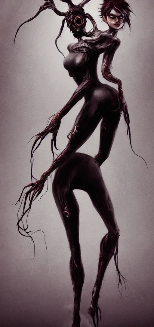 Image similar to dark full body painting of tracer from overwatch, in style of zdzisław beksinski, scary, horror, 4 k, feminine facial features, overwatch tracer character, horror, body horror, disturbing, detailed face, dressed in dark garment, black tendrils, tall, long legs,