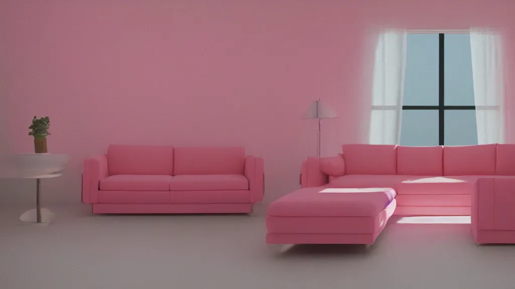 Image similar to pink velour sofa, white walls, daytime, soft light through blinds, pizza party, by herbert james harper, detailed, volumetric lighting, concept art, cinematic, 3 5 mm lens, 4 k