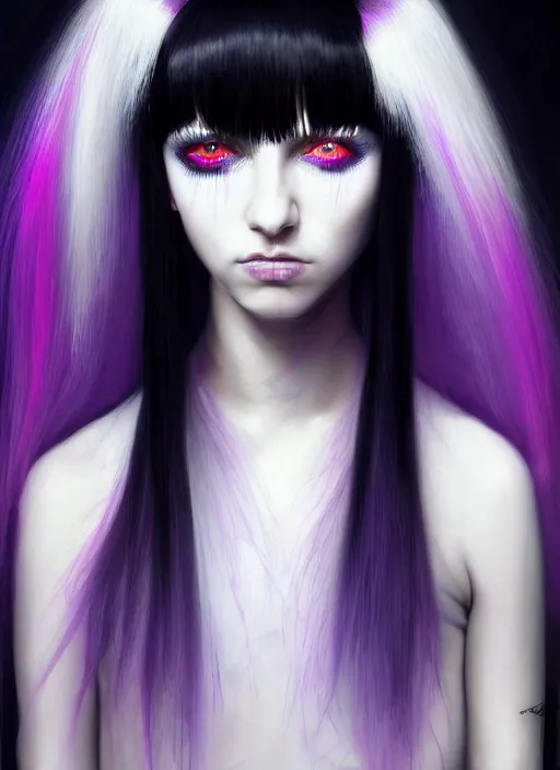 Image similar to hair whitebangs hair, black cyberlox, portrait of teenage girl with white bangs, whitebangsblackhair, messy bangs, cyberlox, whitebangs, red irises, purple clothes, intricate, elegant, glowing lights, highly detailed, digital painting, artstation, concept art, sharp focus, illustration, art by wlop, mars ravelo and greg rutkowski