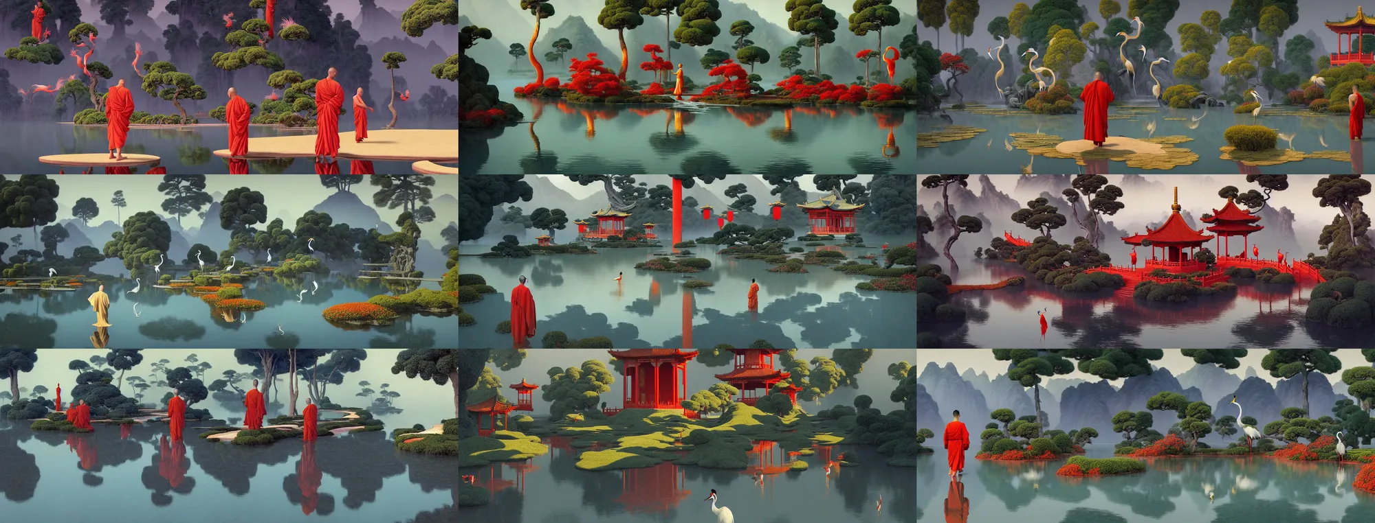 Image similar to a gorgeous landscape painting by barlowe wayne maxfield parrish and marco mazzoni. chinese temple. a lonely chinese monk in grey blue long gown walks on the winding steps. three red crowned cranes splashing in the water!! ultra clear detailed. 3 d, octane render. turbulent blood lake. fog