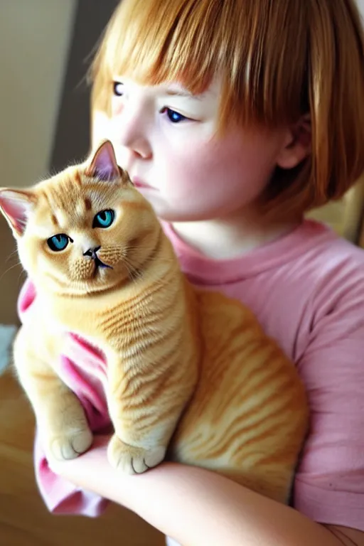 Image similar to a girl is playing with a cute golden shaded british shorthair cat, created by ryo