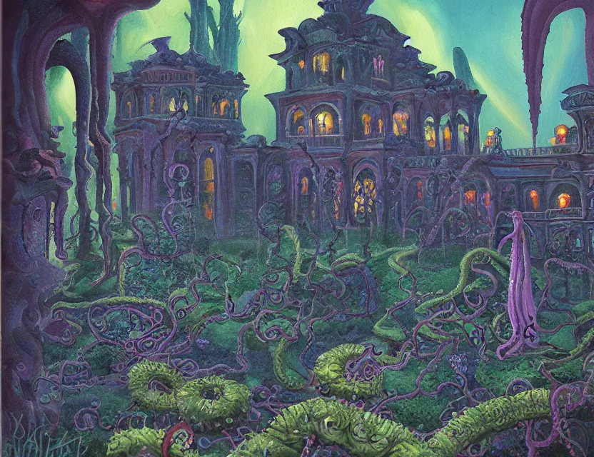 Image similar to lovecraftian eldritch persian palace garden. this oil painting by the beloved children's book illustrator has dramatic lighting, an interesting color scheme and great sense of depth.