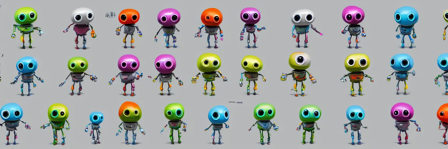 Prompt: concept sheet of cute colorful 3 d robot characters for kids style by machinarium amanita design, big eyes, simple shapes and forms, masterpiece, intricate concept art, 8 k, artstation