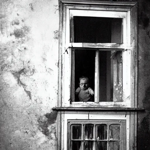 Prompt: creepy child standing behind a window of an old villa. 1 9 2 0 s black and white photo taken from outside. eerie, foggy.
