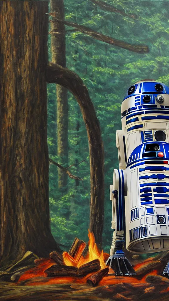 Image similar to an oil painting of r 2 - d 2 sitting by the fire at the ewok encampment, surrounded by trees. color harmony, 8 k detail, gallery quality, hd wallpaper, premium prints available, hyper - detailed, intricate design.