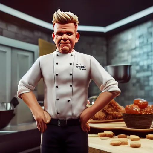 Image similar to plastic miniature boardgame figurine of gordon ramsay, blender, 8 k, octane render, unreal engine, redshift render, trending on artstation, highly detailed