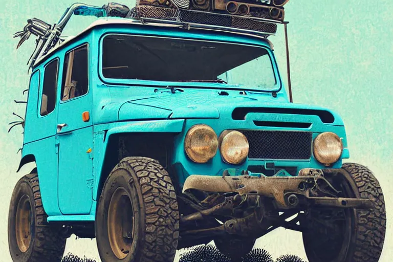 Image similar to digital illustration of a faded cyan mad max's fj 4 0 decrepit!!!! pursuit special, rusty!!! nissan fj cruiser heavily modded 1 9 9 0 s, the last v 8 interceptor by makoto shinkai, ilya kuvshinov, lois van baarle, rossdraws, basquiat