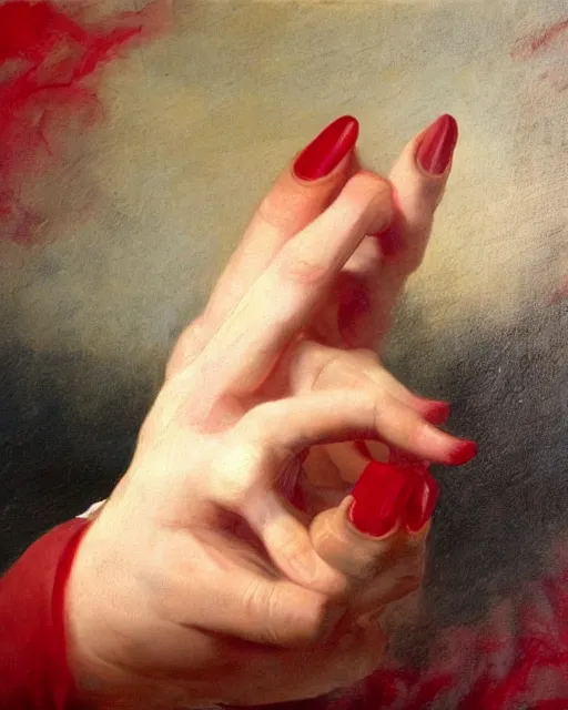 Image similar to by 1 9 th century famous painter, hands, nail polish, with fire, realism, realistic, oil painting, red wallpaper background