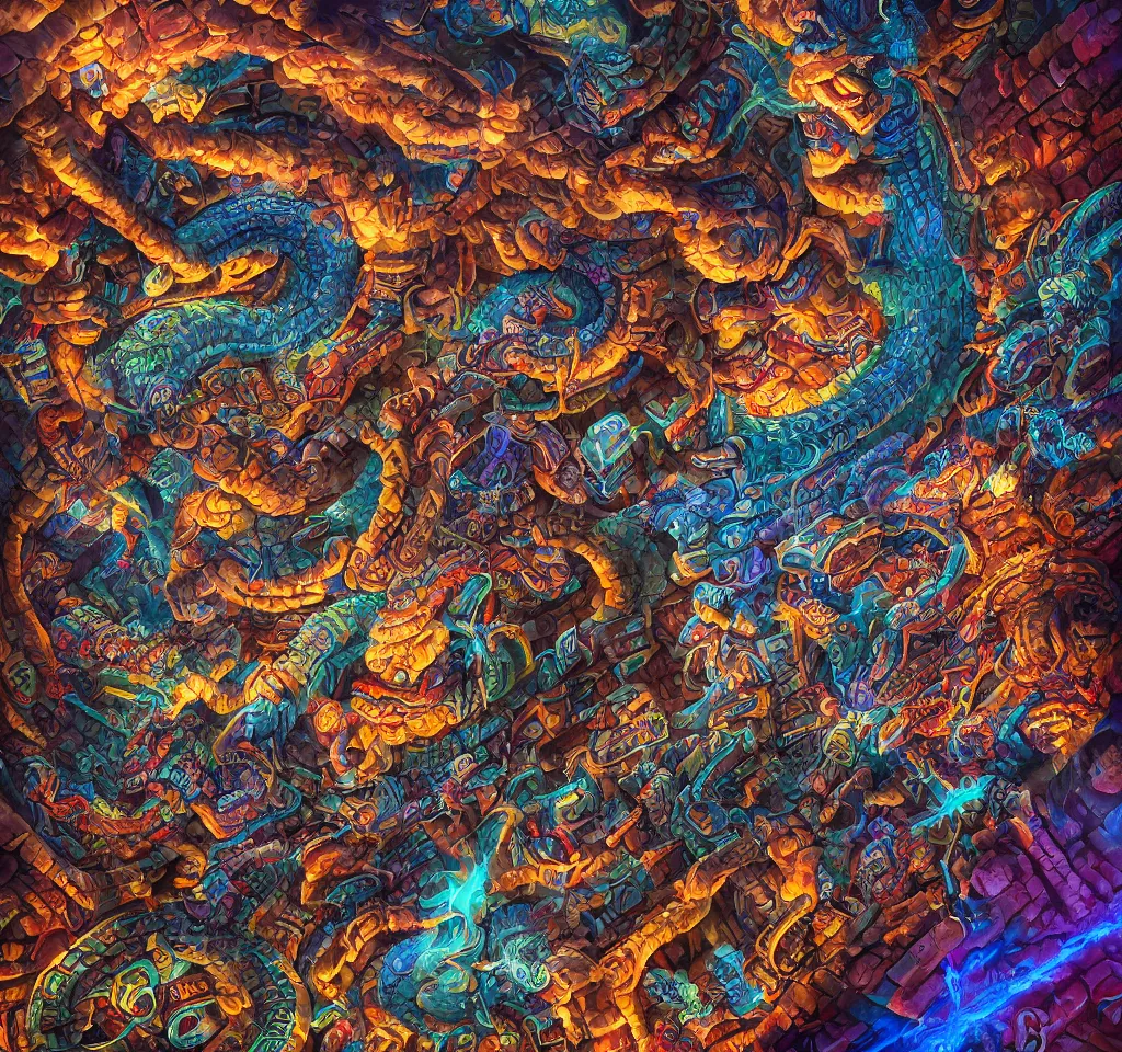 Image similar to Quetzalcoatl  the feathered serpent deity hovering above a giant mayan temple by Liam Wong and Boris Vallejo, stone carving, colorful, glyphs, rocket, wall of a tomb, highly details, realistic, cinematic lightning, medium shot, mid-shot, highly detailed, trending on artstation, Unreal Engine 4k