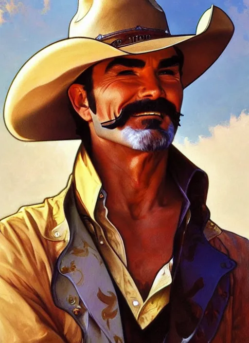 Image similar to burt reynolds wearing cowboy hat, painting by artgerm and greg rutkowski and alphonse mucha