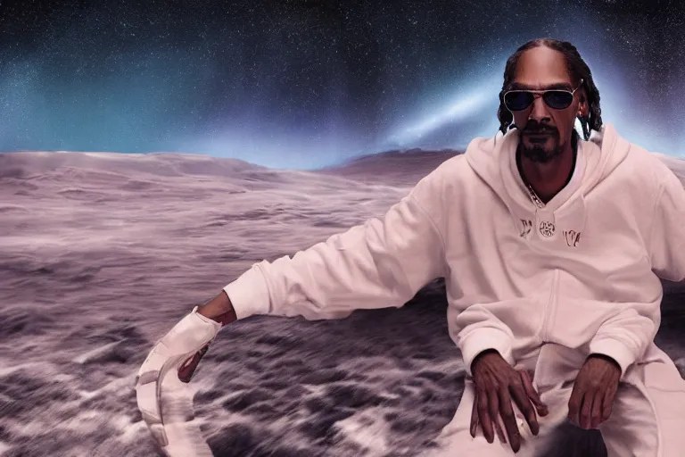 Image similar to ultra cinematic movie still of snoop dog in interstellar, volumetric lighting, award - winning, perfection, ambitious, photograph, ambient occlusion, hyper - realism, 4 k hd, qled,