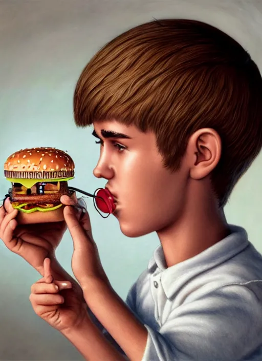 Image similar to highly detailed closeup, face profile portrait of justin bieber as a tin toy scientist wearing a tinfoil hat eating a hamburger, unreal engine, nicoletta ceccoli, mark ryden, earl norem, lostfish, global illumination, detailed and intricate environment