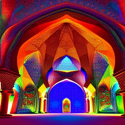 Image similar to cosmic cathedral created by the gods, intricate muqarnas, beautiful colors, bold architecture, detailed, 4 k