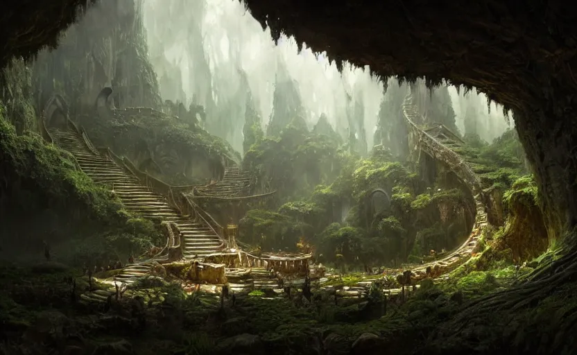 Image similar to worm's eye view of a elven headquarters carved inside a mountain, above lush garden and hot spring, well maintained, well lived, fantasy genre, natural light, fantasy, natural light, sharp focus, concept art, by greg rutkowski and craig mullins, cozy atmospheric and cinematic lighting, trending on artstation