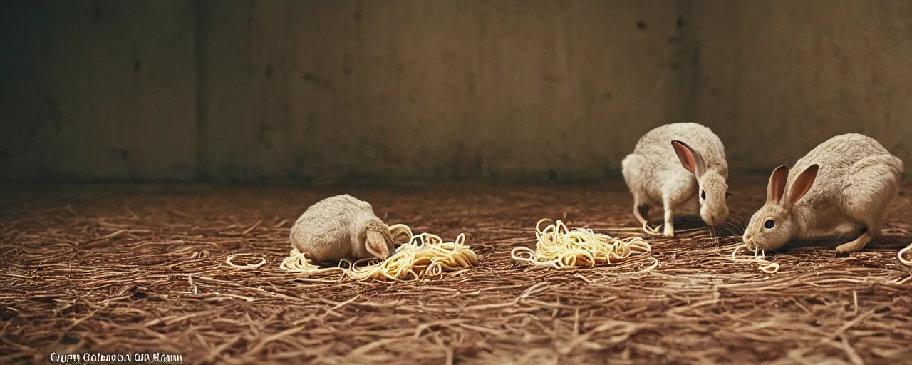 Image similar to rabbits eating spaghetti off the ground, in the style of national geographic, in the style of wes anderson, canon 5 0 mm, kodachrome, retro
