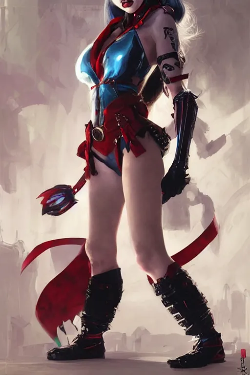 Prompt: portrait of korean Harley Quinn in bikini armor, dc comics, cyberpunk, Warhammer 40000, dark fantasy, digital art from artstation by Ruan Jia and Mandy Jurgens and Artgerm and william-adolphe bouguereau