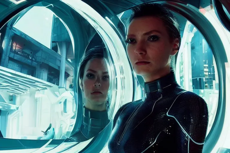 Image similar to VFX movie of a futuristic space woman model gorgeous portrait in inhuman future spaceship, cyberpunk dress, beautiful natural skin natural lighting by Emmanuel Lubezki