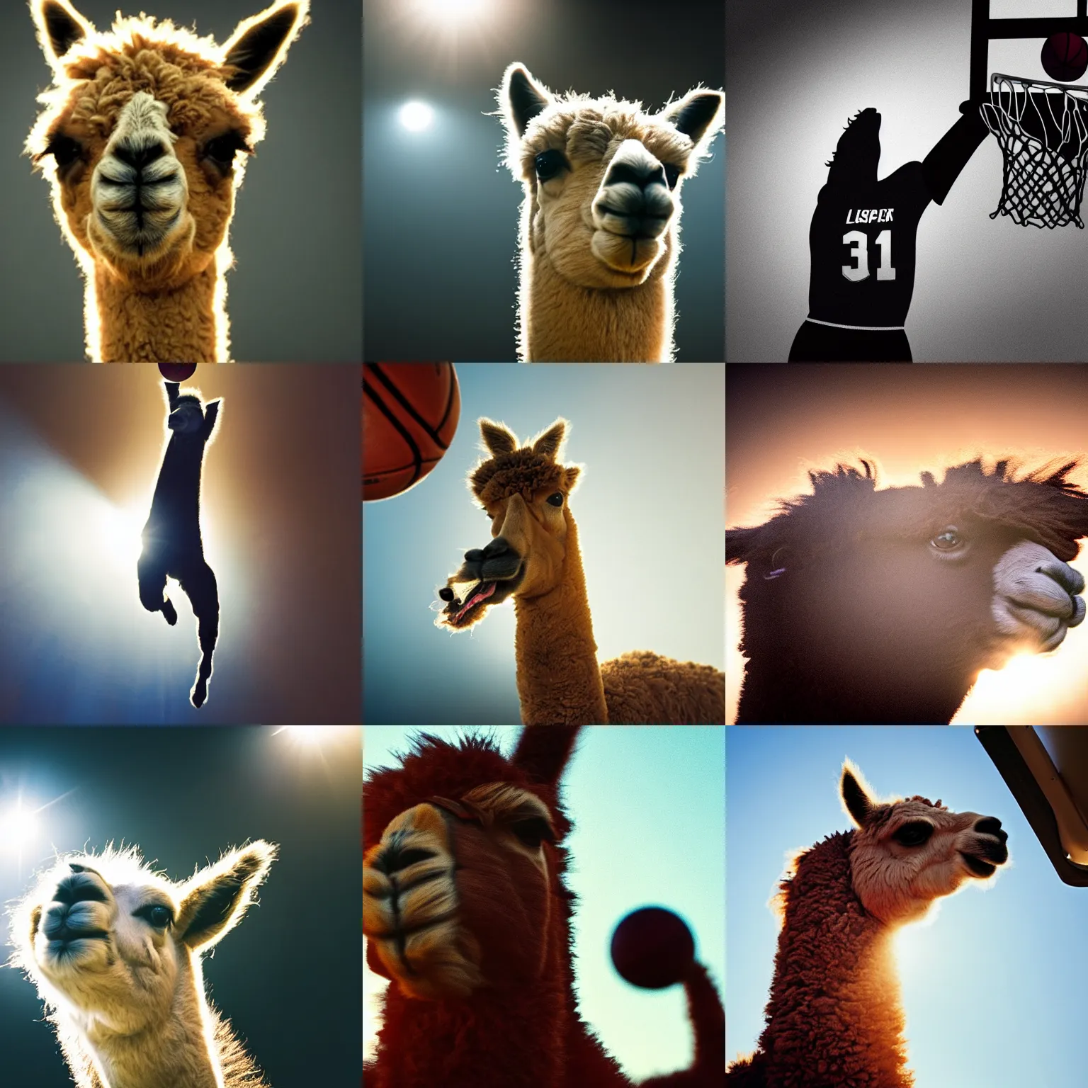 Prompt: film still of an alpaca wearing a jersey, dunking a basketball, low angle, long shot, indoors, dramatic backlighting, high detail.
