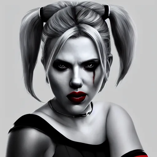 Prompt: Scarlett Johansson as Harley Quinn, digital portrait, artstation, cgsociety, 4k, high detail