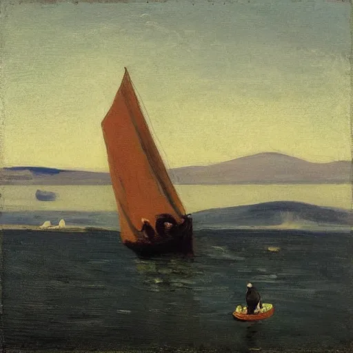 Image similar to “ a sailboat on the hudson river, mount beacon in the background, hudson river school, by george bellows ”
