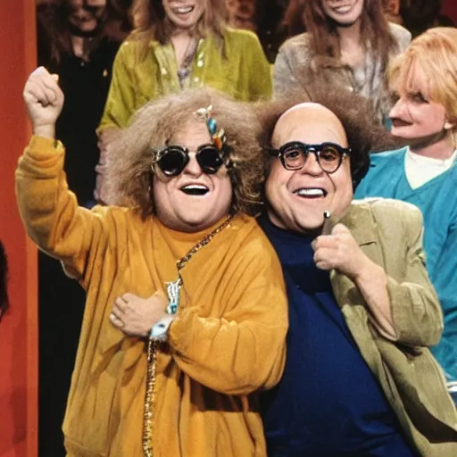 Image similar to danny devito hippy guest appearance on the elen degeneres show, plastic mannequins with cone shaped heads in the crowd, highly detailed facial expressions