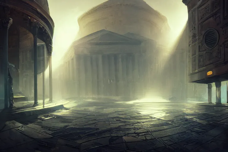 Prompt: the Pantheon cyberpunk, futuristic, oil painting, unity engine, wide angle, 4k, dramatic light, styled 3d, trending on artstation, high definition, god rays, caustics