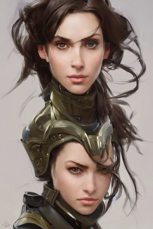 Image similar to a professionally painted portrait of an attractive young woman, clothed in military armor, olive skin, long dark hair, beautiful bone structure, symmetrical facial features, intricate, elegant, digital painting, trending on Artstation, concept art, smooth, sharp focus, illustration, from Metal Gear by Ruan Jia and Mandy Jurgens and Artgerm and William-Adolphe Bouguerea, award winning