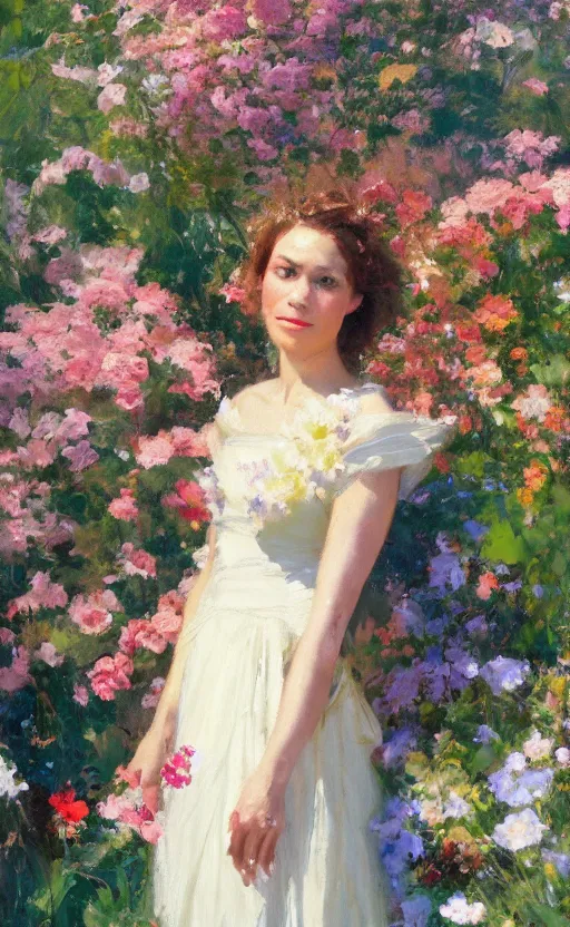 Image similar to romantic portrait of in an elegant dress surrounded by beautiful flowers, by gregory manchess, james gurney, james jean, realistic, photo, 8 k